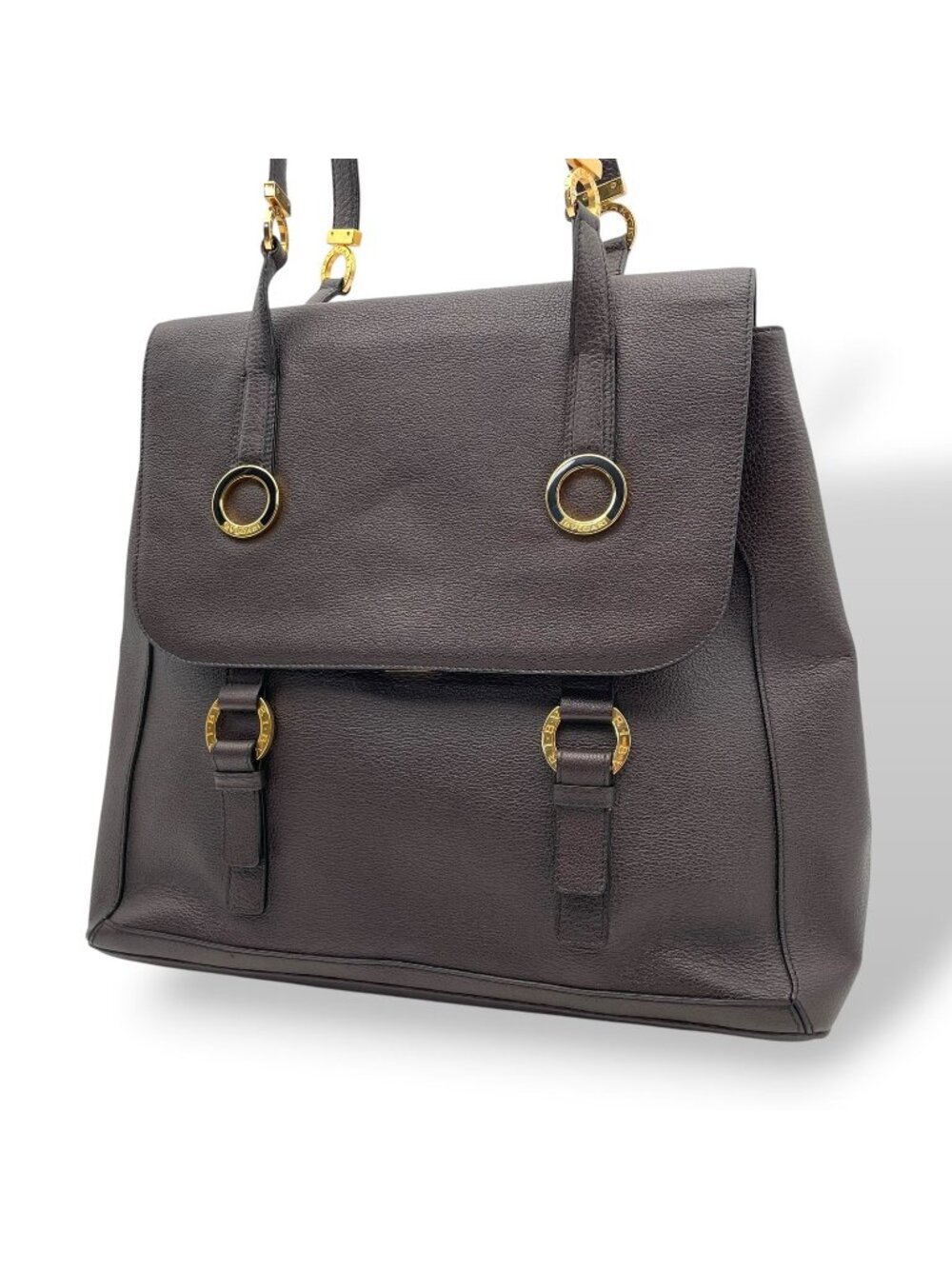 Bvlgari Tamara Tote Flap Circle Gray Leather Dark Brown Gold Vintage E5